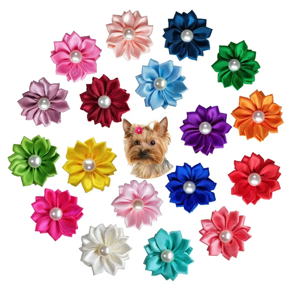 Pearl Decoration Colorful Dog Accessories Hair Bows Silk Flower Pet Grooming