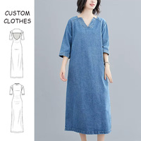 Vente en gros de robe bleue décontractée à manches courtes col en V robe longue en denim de coton à la mode pour femmes fentes avec poches