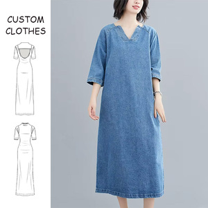 Vendita all'ingrosso <span class=keywords><strong>blu</strong></span> a mezza manica corta tinta unita Casual scollo a V <span class=keywords><strong>lungo</strong></span> <span class=keywords><strong>lungo</strong></span> in cotone Denim Maxi abito da donna <span class=keywords><strong>con</strong></span> tasche - Product Image 1