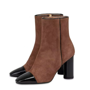 Handmade Women's High Round Chunky Heels Shoes Suede Patchwork Ankle <b>Boots</b> Side Zipper Square Toe Short <b>Boots</b> - Product Image 2