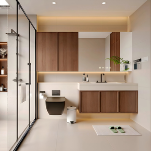 Meuble-lavabo <span class=keywords><strong>de</strong></span> salle <span class=keywords><strong>de</strong></span> bain personnalisé beige sable minimaliste avec vasque en céramique sous plan pour salle <span class=keywords><strong>de</strong></span> bain <span class=keywords><strong>de</strong></span> <span class=keywords><strong>maison</strong></span> jumelée neuve, style épuré - Product Image 1