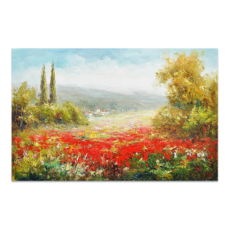 ホットデザイン3D厚手のペイントパレットナイフ印象的な赤いポピーの花アートトスカーナの風景キャンバスに油絵