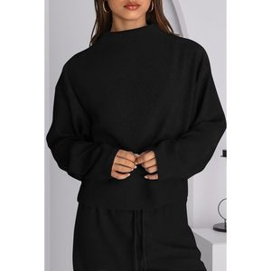 FOXA Women <b>Knit</b> Sweatsuit <b>Set</b> Mock Neck Long Sleeve Wide Leg Pants Lounge Outfit Breathable Cotton Two Piece <b>Set</b> - Product Image 4