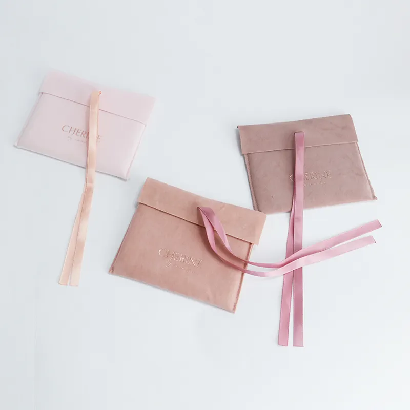 Bolsa de empacotamento para joias, bolsa rosa de embalagem para joias de veludo com estampa de fita, tecido de camurça, bolsa de presente com fita