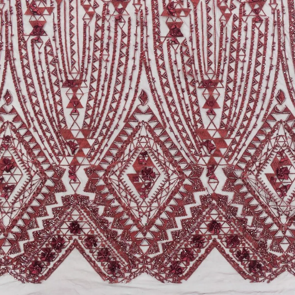 2020 vermelho de noiva bordado tecido bordado africano laço de tecido com lantejoulas frisado para o vestido HY1307-1