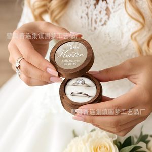 Wooden <b>Ring</b> Box Round Walnut Color Elegant Jewelry <b>Storage</b> Wedding <b>Ring</b> Packaging With Engraved Logo Customizable - Product Image 2