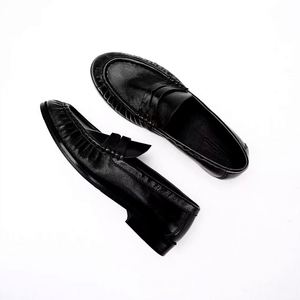 Mocassins en cuir véritable noir à bout rond, décorés de pompons, chaussures décontractées pour hommes, toutes saisons - Product Image 6