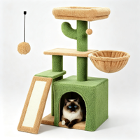 Arbre à chat Cactus avec rampe à gratter en sisal, hamac et niche pour chats d'intérieur, sangle d'ancrage murale, base stable, accessoire pour animaux de compagnie