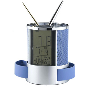Stainless Steel Mesh Electronic Pen Holder <b>Clock</b> With <b>Digital</b> Calendar And Temperature Display For Office <b>Desk</b> Use - Product Image 1