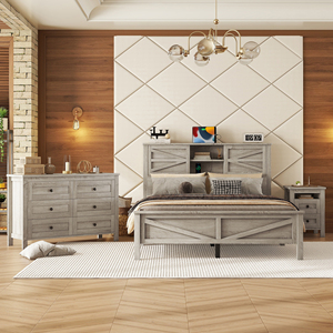 Cama Queen Size Estilo Farmhouse con Base de Plataforma, Cabecera con Almacenamiento y Estación de Carga, Juego de Dormitorio de 3 Piezas - Product Image 2
