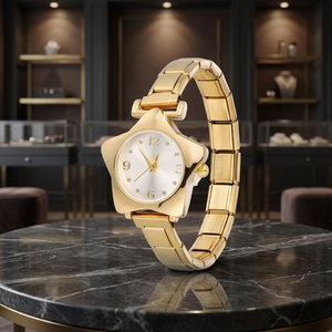 Montre de luxe en acier inoxydable plaqué or 18 carats en forme de cœur, mouvement à quartz RONDA, cadran en verre léger pour femme, affichage à aiguilles - Product Image 3