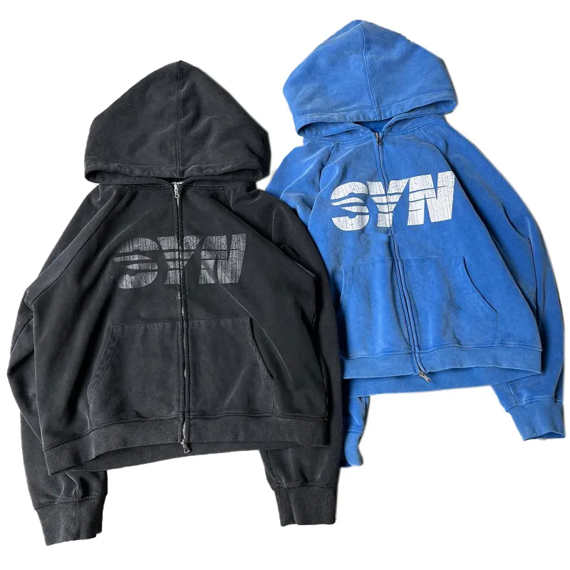 Baisheng üreticileri Clorhes özel Logo baskı fransız Terry Zip Up asit yıkanmış güneş soluk ağır Vintage erkek Hoodies