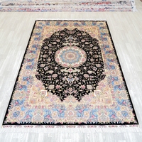 Tapis chinois en soie noué à la main, design persan traditionnel bleu foncé, 183x274cm, antidérapant, lavable, à poils ras et fins