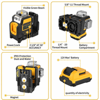 Niveau laser industriel autonivelant 12 lignes 3D 360 degrés vertical 12V à batterie lithium, faisceau vert horizontal pour intérieur et extérieur