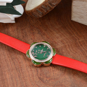 Reloj de Pulsera para Mujer con Diseño Floral, Correa de Cuero Roja, Elegante Reloj de Jade para Dama - Product Image 6