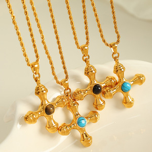 Collar con colgante de cruz, aleación de zinc, engaste de bisel, piedra de ojo de tigre y turquesa, para mujer, regalo, joyería, accesorio de moda - Product Image 1