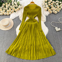 Robe élégante de luxe léger à col en V pour femme, manches longues, taille cintrée, jupe plissée trapèze, robe de bureau, vêtements pour femmes