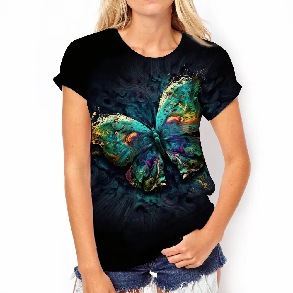 Summer Casual Tee Butterfly Graphics Women T-Shirts Flower Print Street Tops Female O-Neck Loose T-Shirt Size Top