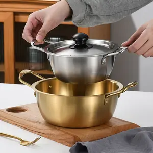 Utensilios de cocina para acampar, olla Coreana de Metal antiadherente de 16cm, olla coreana para sopa de fideos Ramen, olla de acero inoxidable, olla con tapas