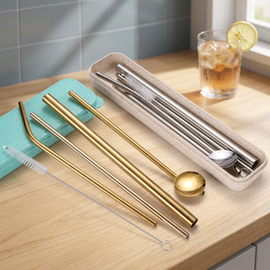 Reusable <b>Metal</b> Drinking <b>Straws</b> Set 5Pcs Minimalist Bar Accessories Gold Tone with Spoon and Cleaning Brush - Product Image 2