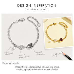 Pulsera de Cadena con Circonitas Rojas Cuadradas en Color Oro y Plata, Acero Inoxidable, Baño de Oro de 14K, Detalle de Cuentas Blancas - Product Image 4