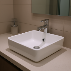 Lavabo Cuadrado de Cerámica Blanca para Baño, 15x15 Pulgadas, Diseño Minimalista, Instalación de un Solo Orificio - Product Image 2