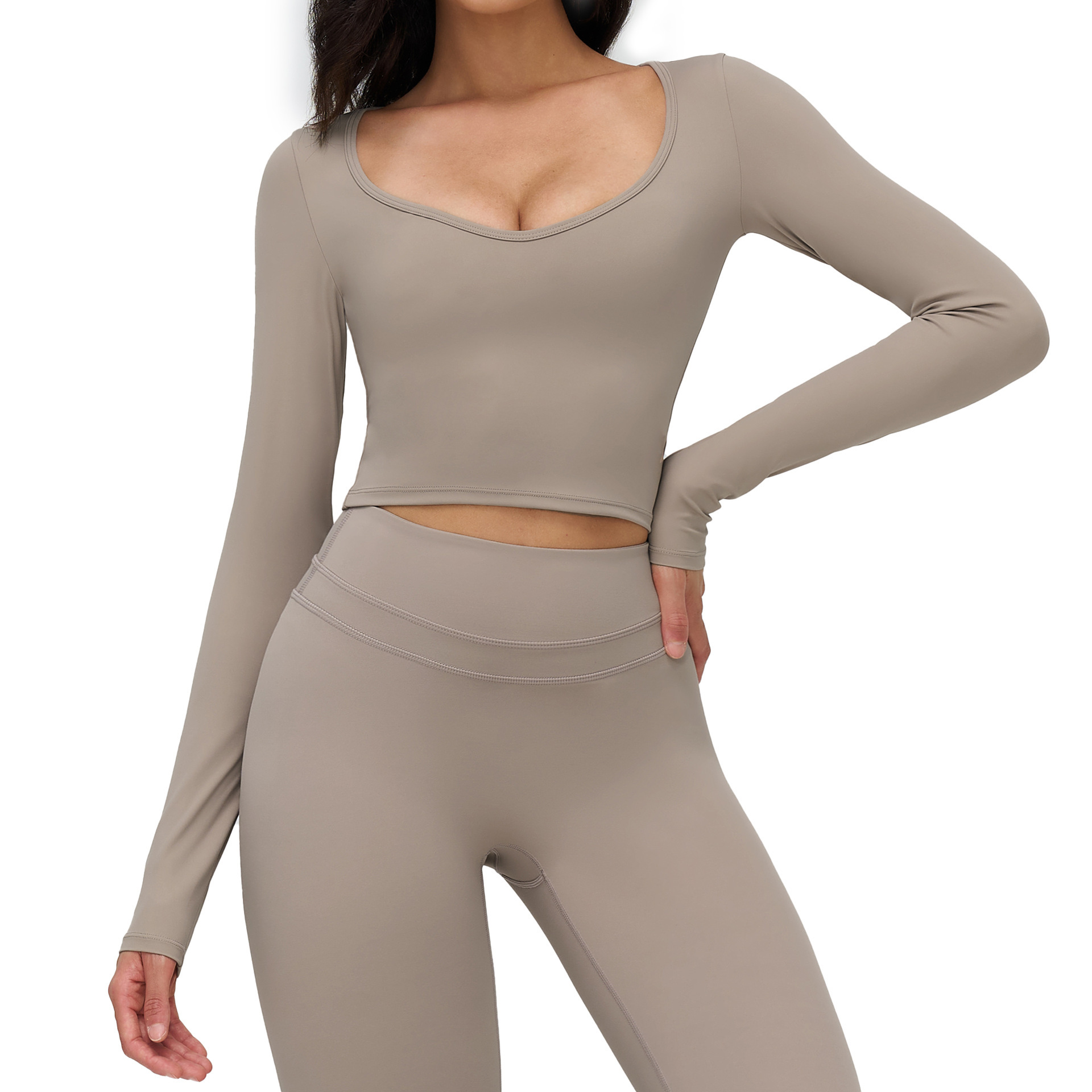 TongJoes Cross-border Sanding Yoga Nine Quarter Sleeve Neckline Tight-fit Sweat-Wicking for Front Casual Clothing Outdoor