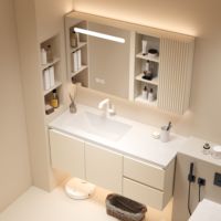 Nouveauté 2022 : Ensemble de meuble-lavabo de salle de bain moderne en bois massif et contreplaqué, avec plateau en pierre crème, vasque monobloc en céramique et éclairage LED tactile