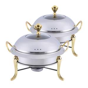 DB 2X Round Buffet Chafing <b>Dish</b> Stainless Steel <b>with</b> Gold Accents <b>Glass</b> Top <b>Lid</b> for Party Tableware & Decorations - Product Image 4