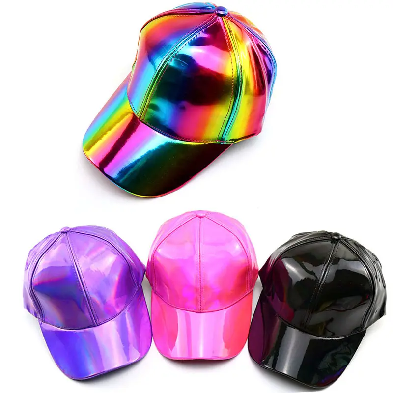 Ayarlanabilir parlak holografik beyzbol şapkası gökkuşağı yansıtıcı Hip Hop Rave Hat metalik rahat şoför şapkası