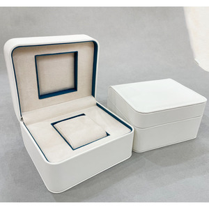 Boîte à montre de luxe en cuir PU blanc avec bordure bleue, étui de rangement et d'emballage cadeau haut de gamme pour une seule montre - Product Image 5
