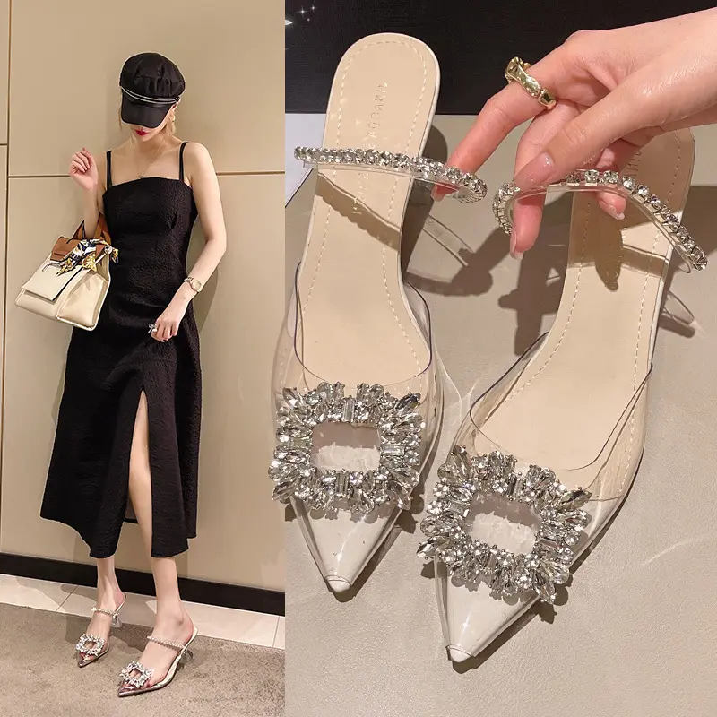 Wholesale Summer New Ladies Pointed-toe Sandals Fashion Rhinestone Embellished Mid Heel Shoes