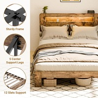 Lit plateforme moderne en bois avec tête de lit, éclairage LED, station de charge et rangement, taille Queen