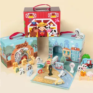 Cubo de actividades para niños, juego de rol, granja de madera, Escena de zoológico, caja de bloques de tema, juego de juguetes para niños