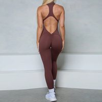 Dames Yoga Jumpsuit met voorrits, snel drogend, mouwloos, open rug, racerback, vierweg stretch, effen, ademend, geschikt voor de sportschool