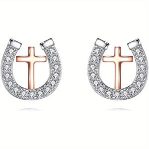 Eleganti Orecchini a Perno con Zirconi Bicolore a Forma di Ferro di Cavallo, Gioielli di Lusso Minimalisti per Donna, Uso Quotidiano, Regalo Chic - Product Image 1