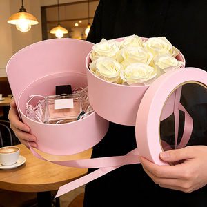Boîtes cadeaux rigides en carton personnalisées, rondes, roses, avec couvercle et base, pour la fête des mères, pour fleurs - Product Image 3