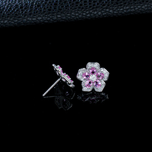 925 Sterling Silver Pink Sapphire CZ Flower <b>Stud</b> Earrings Women Fashion Jewelry - Product Image 4