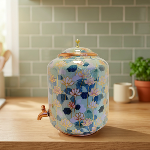 Distributeur d'eau en cuivre pur imprimé lotus de qualité supérieure, capacité 0,8 L, réservoir de stockage d'eau ayurvédique avec robinet en laiton - Product Image 2