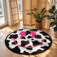 Tapis rond en tissu tufté personnalisé, motif vache rose et noir, style anime vintage, moelleux et lavable, pour la décoration intérieure - Vente en gros