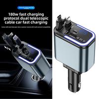 Nouveau chargeur de voiture rétractable 5-en-1 avec LED PD 3.0 180W, double charge rapide Type-C pour ordinateurs portables Android et montres connectées
