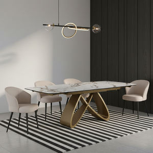 Ensemble de <span class=keywords><strong>table</strong></span> à manger extensible 6 places, style nordique moderne, plateau en pierre frittée, base dorée - Product Image 2