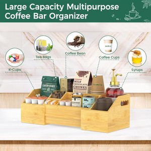 Caja de almacenamiento de bambú para escritorio con múltiples compartimentos, organizador extensible para refrigerios, soporte para vasos de papel y condimentos para mostrador de cafetería - Product Image 2