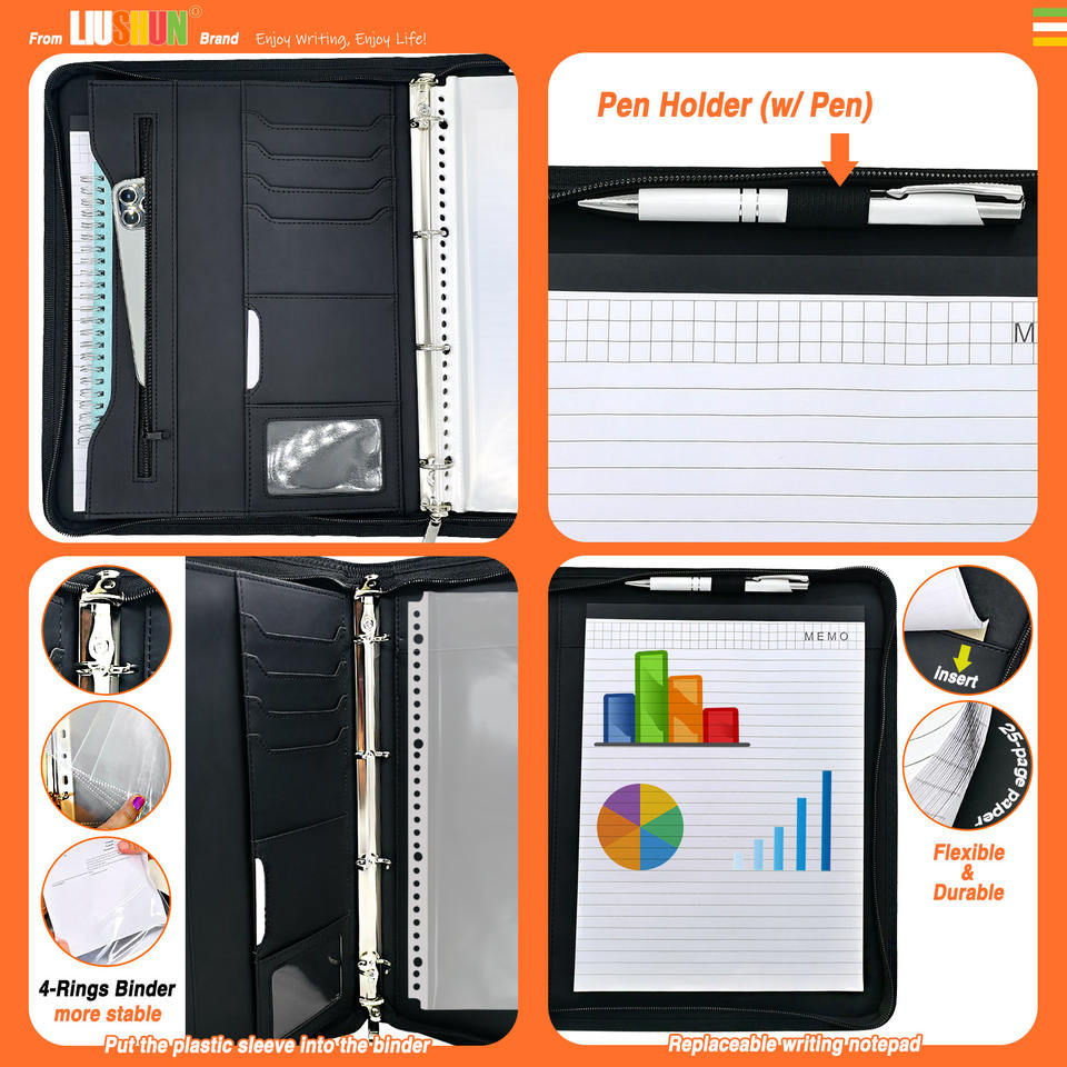 Golden Supplier A4 Size PU Leather Zippered Padfolio Organizer Case ...