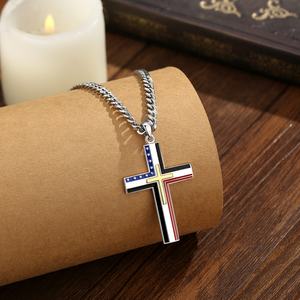 Collares con Colgante de Cruz con Bandera Estadounidense, Joyería Religiosa Patriótica al por Mayor, Chapados en Cobre con Rodio, Esmalte Rojo-Azul, para Hombre - Product Image 3