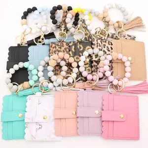 Hot Sale Leopard Silicone Bead key chain Bracelet wrist straps Card Holder Wristlet Wallet PU Tassel Keychain Leather coin purse