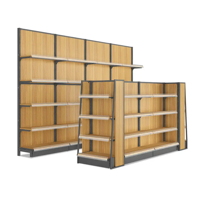 Kainice Entire store custom Supermarket shelves display rack single and double-sided gondola steel and wood shelves