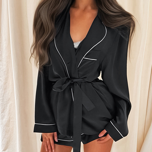 QINSI Set di Lusso <span class=keywords><strong>in</strong></span> Raso a 2 Pezzi con Bordatura Bianca, Vestaglia a Maniche Lunghe con Colletto, Set Coordinato Morbido e Setoso per Abbigliamento Notturno - Product Image 1