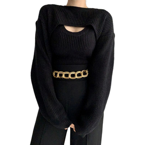 Maglione da <span class=keywords><strong>donna</strong></span> lavorato a maglia, stile coreano personalizzato, sexy, scollato, girocollo, casual da strada, traforato, a righe, con collo all'americana, spesso - Product Image 5