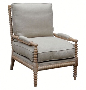 French Style Antique White Birch Wood Accent Bobbin <strong>Chair</strong> With Linen Upholstered Lounge Armchair - Product Image 5